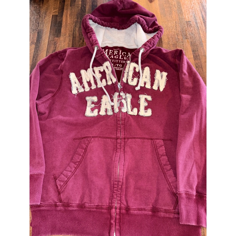 American Eagle Outfitters Mens XL Maroon Full Zip Hoodie Distressed Logo Vintage